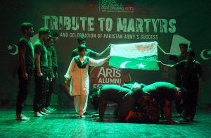 Young artists performing in a stage play to pay tributes to Martyrs and celebration of Pakistan Armed Forces success against Indian aggression during three days Arts Alumni Festival 2025 at Arts Council of Pakistan