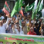 Activist of Pakistan Muslim League Q holding a protest rally against Indian attacks on Pakistani cities outside Karachi Press Club
