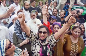 Women activists of PML-N shouts slogans during a rally at Press Club to celebrate Thanksgiving Day, expressing solidarity with the Pakistan Armed Forces following the successful military operation 'Bunyan Marsous' against India.