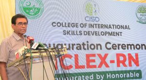 The Federal Minister for Education and Professional Training Dr. Khalid Maqbool Siddiqui addressing the inauguration ceremony of NCLEX program at the College of International Skills Development (CISD).