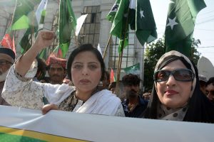 Activist of Pakistan Muslim League Q holding a protest rally against Indian attacks on Pakistani cities outside Karachi Press Club