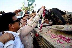 Former Federal Minister for Information and Broadcasting and senior political leader Dr. Firdous Ashiq Awan along with civil society members talking to media personnel during her visit to Brigade Headquarters to express solidarity with the Pakistani Armed Forces on the success of Operation "Bunyan Marsus", especially to pay tribute to the falcons of the Pakistan Air Force and to acknowledge the inspiring leadership of Army Chief General Asim Munir.