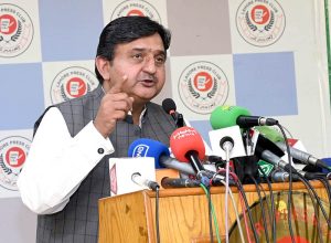 Speaker Punjab Assembly Malik Ahmed Khan addresses a seminar on “Pakistan's Defense and the Role of Media” at the Lahore Press Club