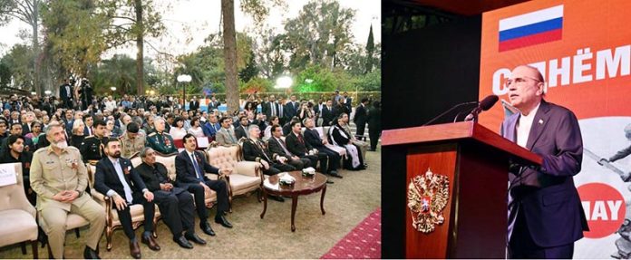 President Asif Ali Zardari addressing the ceremony to commemorate the 80th Anniversary of Victory in Great Patriotic War of Russian Federation at the Russian Embassy