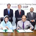 Secretary CCP, Ms.Marryum Pervaiz and NAB Director General Operations, Mr. Muhammad Tahir, signing MOU to enhance cooperation between CCP and NAB. Chairman CCP, Dr. Kabir Ahmed Sidhu and Chairman NAB Lieutenant General (Retd) Nazir Ahmed Butt, senior officials also present