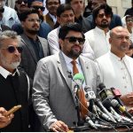 Governor Sindh Kamran Khan Tessori along with MQM Pakistan MNA,s & MPA,s talking to Media persons after laying Floral wreath at Mausoleum of Quaid-e-Azam Muhammad Ali Jinnah on the occasion to the mark Youm-e-Tashakur
