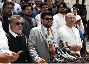 Governor Sindh Kamran Khan Tessori along with MQM Pakistan MNA,s & MPA,s talking to Media persons after laying Floral wreath at Mausoleum of Quaid-e-Azam Muhammad Ali Jinnah on the occasion to the mark Youm-e-Tashakur