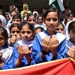 Teachers and Students of Government Girls High School Little Folks offering Dua during a ceremony to mark Youm-e-Tashakur (Thanksgiving Day) to expressing solidarity with the Pakistan Armed Forces following the successful military operation ‘Bunyan-um- Marsous’ against Indian aggressions