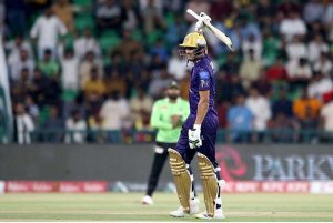 Quetta Gladiators player Rilee Rossouw playing shot during the Pakistan Super League PSL-X T20 cricket Final match between Lahore Qalanders and Quetta Gladiators at the Gaddafi Cricket Stadium.