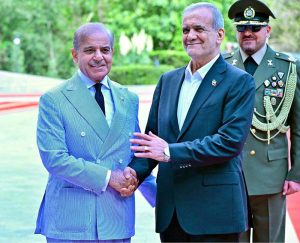 President of Iran Dr. Masoud Pezeshkian receives Prime Minister Muhammad Shehbaz Sharif upon his arrival at Sa'dabad Palace