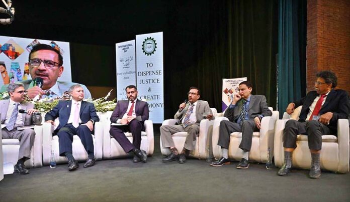 Managing Director Associated Press of Pakistan (APP) Muhammad Asim Khichi speaks in panel discussion during International Labour Day Conference on Workers and Employers: Navigating Change Through Social Dialogue organized by National Industrial Relations Commission (NIRC) and International Labour Organization (ILO) at PNCA