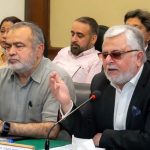 Chairman Businessmen Group Zubair Motiwala addressing an urgent press conference at KCCI to strongly condemn Indian aggression and express solidarity with Pakistan’s Armed Forces. President Karachi Chamber of Commerce and Industry Muhammad Jawed Bilwani, Prominent Businessman Aqeel Karim Dhedhi and others are also seen in the picture