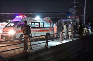 Police officials collecting evidence from the spot after suicide bomb blast on police van near Ring Road, Cattle Market, resulting 2 police officials dead and 1 injured in this incident.