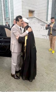Chairman Senate Syed Yousuf Raza Gilani being warmly received by Mr. Ruhjann Abezov, Deputy Mufti of the Grand Mosque, upon his arrival in Moscow, Russia