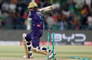 Quetta Gladiators player Rilee Rossouw playing shot during the Pakistan Super League PSL-X T20 cricket Final match between Lahore Qalanders and Quetta Gladiators at the Gaddafi Cricket Stadium.