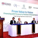 Federal Minister for Finance & Revenue, Senator Muhammad Aurangzeb delivering the keynote address at the Impact Financing event organized by Karandaaz Pakistan and Pakistan Banks Association (PBA)