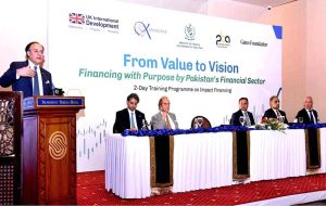 Federal Minister for Finance & Revenue, Senator Muhammad Aurangzeb delivering the keynote address at the Impact Financing event organized by Karandaaz Pakistan and Pakistan Banks Association (PBA)