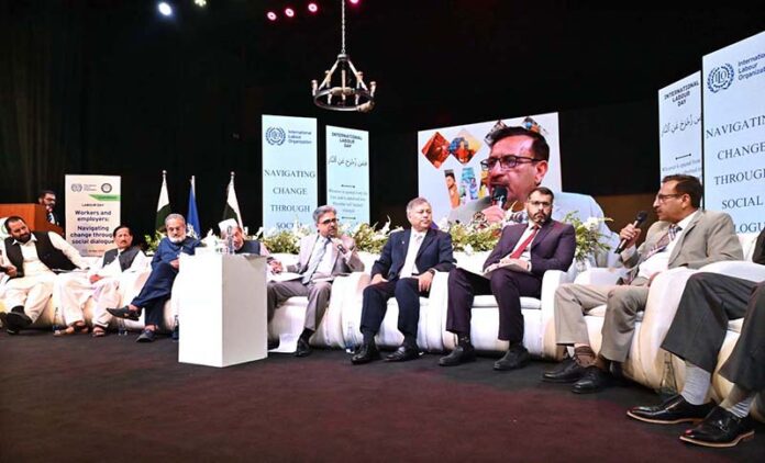 Managing Director Associated Press of Pakistan (APP) Muhammad Asim Khichi speaks in panel discussion during International Labour Day Conference on Workers and Employers: Navigating Change Through Social Dialogue organized by National Industrial Relations Commission (NIRC) and International Labour Organization (ILO) at PNCA