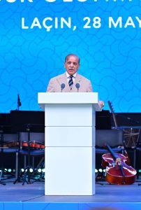 Prime Minister Muhammad Shehbaz Sharif addresses a ceremony on the eve of Independence Day of Azerbaijan