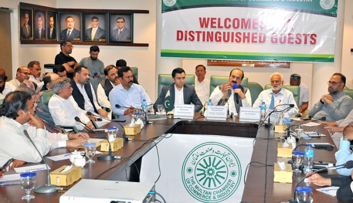 Chairman prime minister's youth program Rana Mashood addressing to the members of Chember of commerce and industry at MCCI