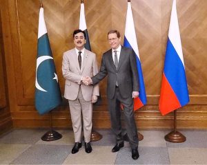 Chairman Senate Syed Yousuf Raza Gilani being greeted by Mr. Alexander Zhukov, First Deputy Speaker of the State Duma of the Russian Federation in Moscow, Russia