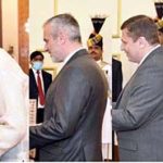 The Ambassador-designate of Thailand, Rongvudhi Virabutr, the Ambassador-designate of the Philippines, Dr. Emmanuel R. Fernandez, Non-Resident Ambassador-designate of Slovenia, Igor Jukič, Non-Resident Ambassador-designate of Serbia, Mr. Damir Kovacevic, Non-Resident Ambassador-designate of Burkina Faso, Mr. Mohamadi Kabore, Non-Resident Ambassador-designate of Zambia, Mr. Ivan Zyuulu, and Non-Resident Ambassador of Latvia, Ms. Dana Goldfinča, presenting their diplomatic credentials to President Asif Ali Zardari during a credentials ceremony at Aiwan-e-Sadr