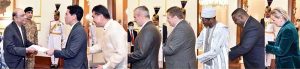The Ambassador-designate of Thailand, Rongvudhi Virabutr, the Ambassador-designate of the Philippines, Dr. Emmanuel R. Fernandez, Non-Resident Ambassador-designate of Slovenia, Igor Jukič, Non-Resident Ambassador-designate of Serbia, Mr. Damir Kovacevic, Non-Resident Ambassador-designate of Burkina Faso, Mr. Mohamadi Kabore, Non-Resident Ambassador-designate of Zambia, Mr. Ivan Zyuulu, and Non-Resident Ambassador of Latvia, Ms. Dana Goldfinča, presenting their diplomatic credentials to President Asif Ali Zardari during a credentials ceremony at Aiwan-e-Sadr