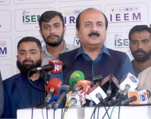 Chairman of the Prime Minister’s Youth Programme, Rana Mashhood Ahmad Khan, speaks to the media at the Expo Center, highlighting initiatives for youth empowerment