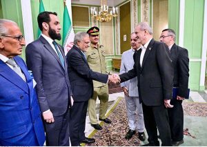 President of Iran Dr. Masoud Pezeshkian and Prime Minister Muhammad Shehbaz Sharif introducing their respective delegation at reception in Sa'dabad Palace