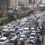 A major traffic jam clogs Shahrah-e-Faisal, causing severe disruption for commuters in the metropolitan city
