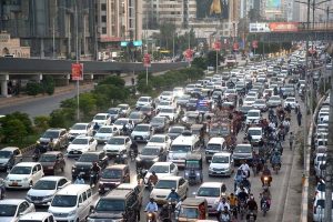 A major traffic jam clogs Shahrah-e-Faisal, causing severe disruption for commuters in the metropolitan city