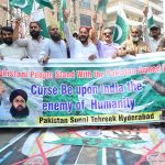 Pakistan Sunni Tehreek workers holding rally in favor of Pakistan Army, following Indian airstrikes at outside Press club