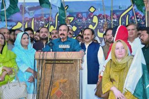 Federal Minister for Parliamentary Affairs Dr. Tariq Fazal Chaudhary addressing on the occasion of celebrating the remarkable victory against India at Chak Shehzad.