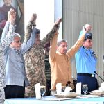 Prime Minister Muhammad Shehbaz Sharif celebrates Pakistan's victory in Maarka-e-Haq, with the officers of Pakistan Air Force at the Kamra Aeronautical Complex