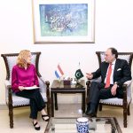 Federal Minister for Finance and Revenue Senator Muhammad Aurangzeb in a meeting with Mrs. Henny de Vries, Ambassador of the Kingdom of the Netherlands in Pakistan, who called on the Minister at the Finance Division