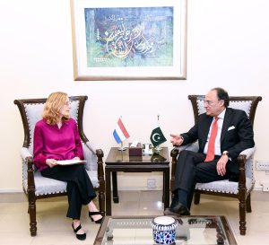 Federal Minister for Finance and Revenue Senator Muhammad Aurangzeb in a meeting with Mrs. Henny de Vries, Ambassador of the Kingdom of the Netherlands in Pakistan, who called on the Minister at the Finance Division