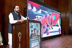 Federal Minister for Overseas Pakistanis and Human Resource Development, Chaudhry Salik Hussain addressing a seminar at National Library on Operation Bunyanum Marsoos salute to the Armed Forces of Pakistan for their successful operation against the Indian aggression