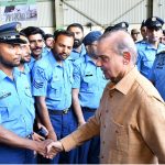 Prime Minister Muhammad Shehbaz Sharif interacts with officers at the Kamra Aeronautical Complex