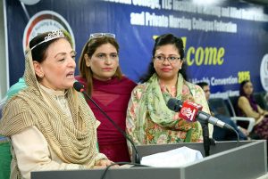 Mother of Minister for Information and Broadcasting Attaullah Tarar Addressing at a program organized on the occasion of International Nursing Day and Appreciation Day. Dr. Saba Aamir, Atiya Qureshi and others are also present on the occasion
