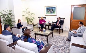 Federal Minister for Finance and Revenue Senator Muhammad Aurangzeb in a meeting with Mrs. Henny de Vries, Ambassador of the Kingdom of the Netherlands in Pakistan, who called on the Minister at the Finance Division