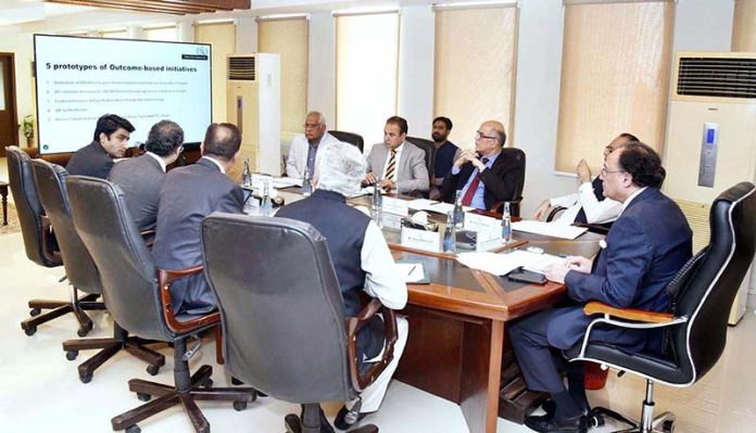 Finance Minister Senator Muhammad Aurangzeb chairing a high-level meeting to review progress on outcome-based financing initiatives under the Ministry of Finance’s Social Impact Finance Task Force