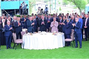 President of Turkiye, Recep Tayyip Erdogon, President of Azerbaijan, Ilham Aliyev and Prime Minister of Pakistan Muhammad Shehbaz Sharif at the Independence Day ceremony of Azerbaijan