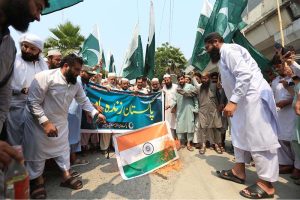 Pakistan Markazi Muslim League stages protest against unprovoked Indian aggression to record their protest here in front of Press Club