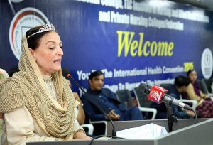 Mother of Minister for Information and Broadcasting Attaullah Tarar Addressing at a program organized on the occasion of International Nursing Day and Appreciation Day. Dr. Saba Aamir, Atiya Qureshi and others are also present on the occasion