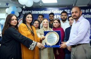 Mother of Minister for Information and Broadcasting Attaullah Tarar Addressing at a program organized on the occasion of International Nursing Day and Appreciation Day. Dr. Saba Aamir, Atiya Qureshi and others are also present on the occasion