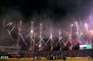 A view of fire work after Lahore Qalanders won the Pakistan Super League PSL-X T20 cricket Final match between Lahore Qalanders and Quetta Gladiators at the Gaddafi Cricket Stadium.