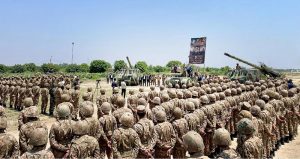 Prime Minister Muhammad Shehbaz Sharif addresses the officers and soldiers who took part in Operation Bunyan-um- Marsous