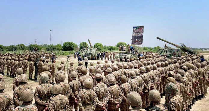 Prime Minister Muhammad Shehbaz Sharif addresses the officers and soldiers who took part in Operation Bunyan-um- Marsous
