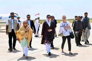 First Lady of Pakistan, Bibi Aseefa Bhutto Zardari along with Sindh Health Minister Dr Azra Pechuho receiving Anna Bjerde, Managing Director of the World Bank and her delegation at Nawabshah Airport