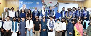 Chairman Prime Minister Youth Program Rana Mashhood Ahmed Khan being presented with a commemorative shield by Ghazi University Vice Chancellor Dr. Ashfaq Ahmed
